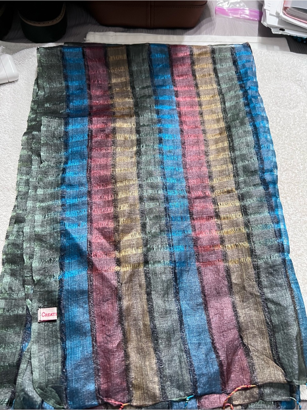 Creative Bee Handwoven Scarf 24x72 Multicolor Blue Burgundy Teal Fringe Wrap